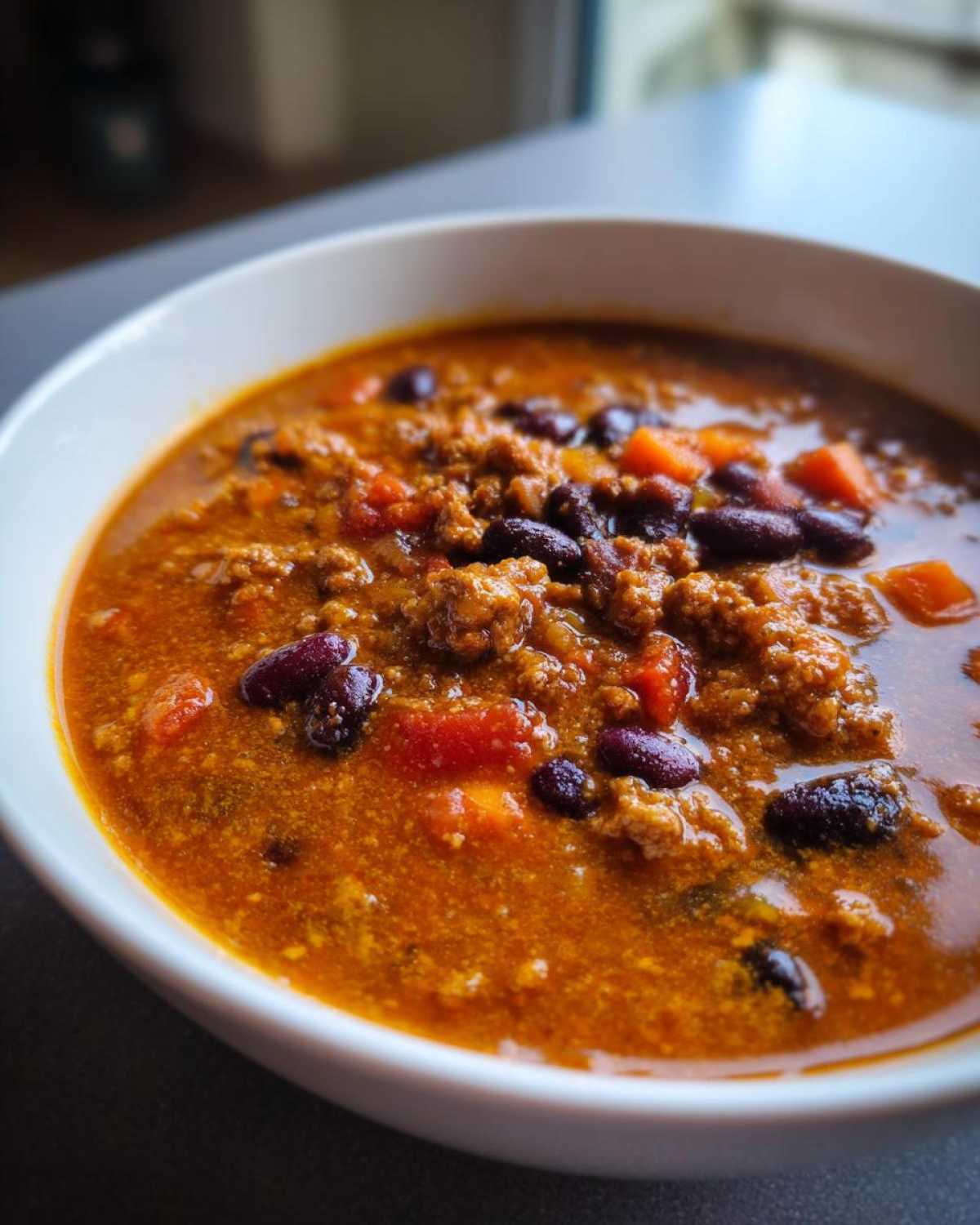 Close-up of a hearty bowl of thick pumpkin chili, featuring ground meat, dark red kidney beans, and diced orange vegetables.