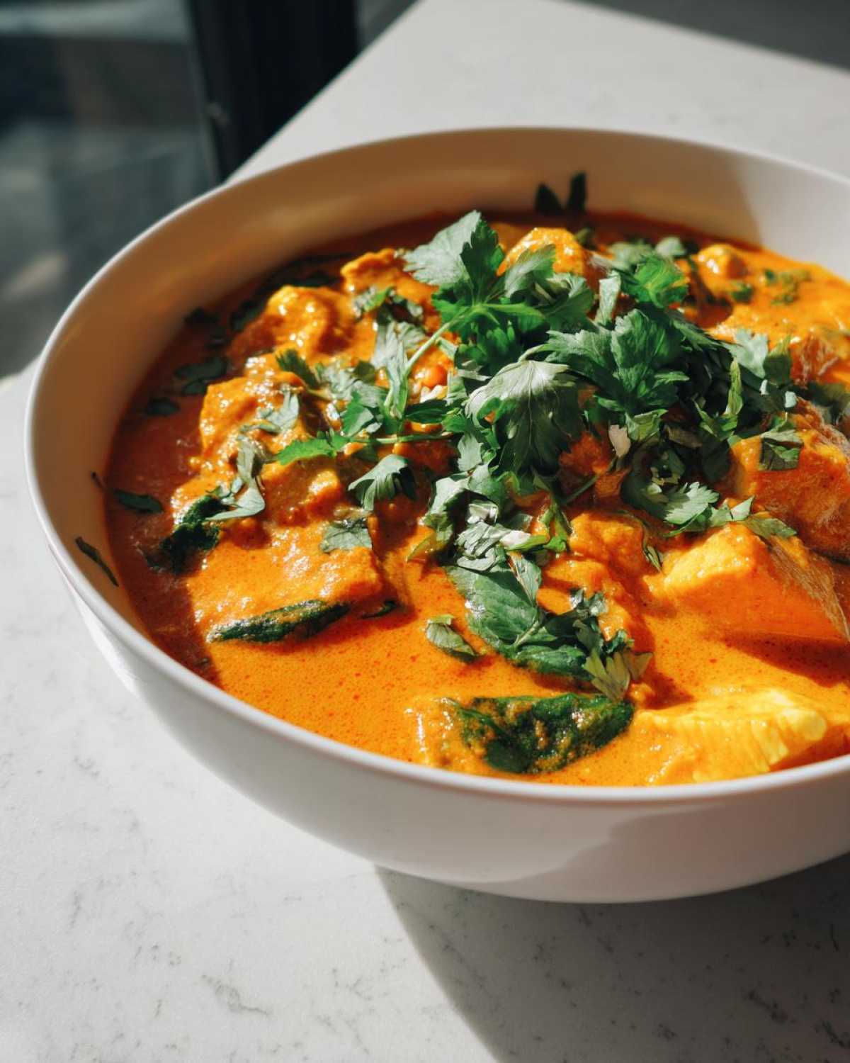 Close-up of a rich, orange pumpkin curry served in a white bowl, garnished generously with fresh cilantro.