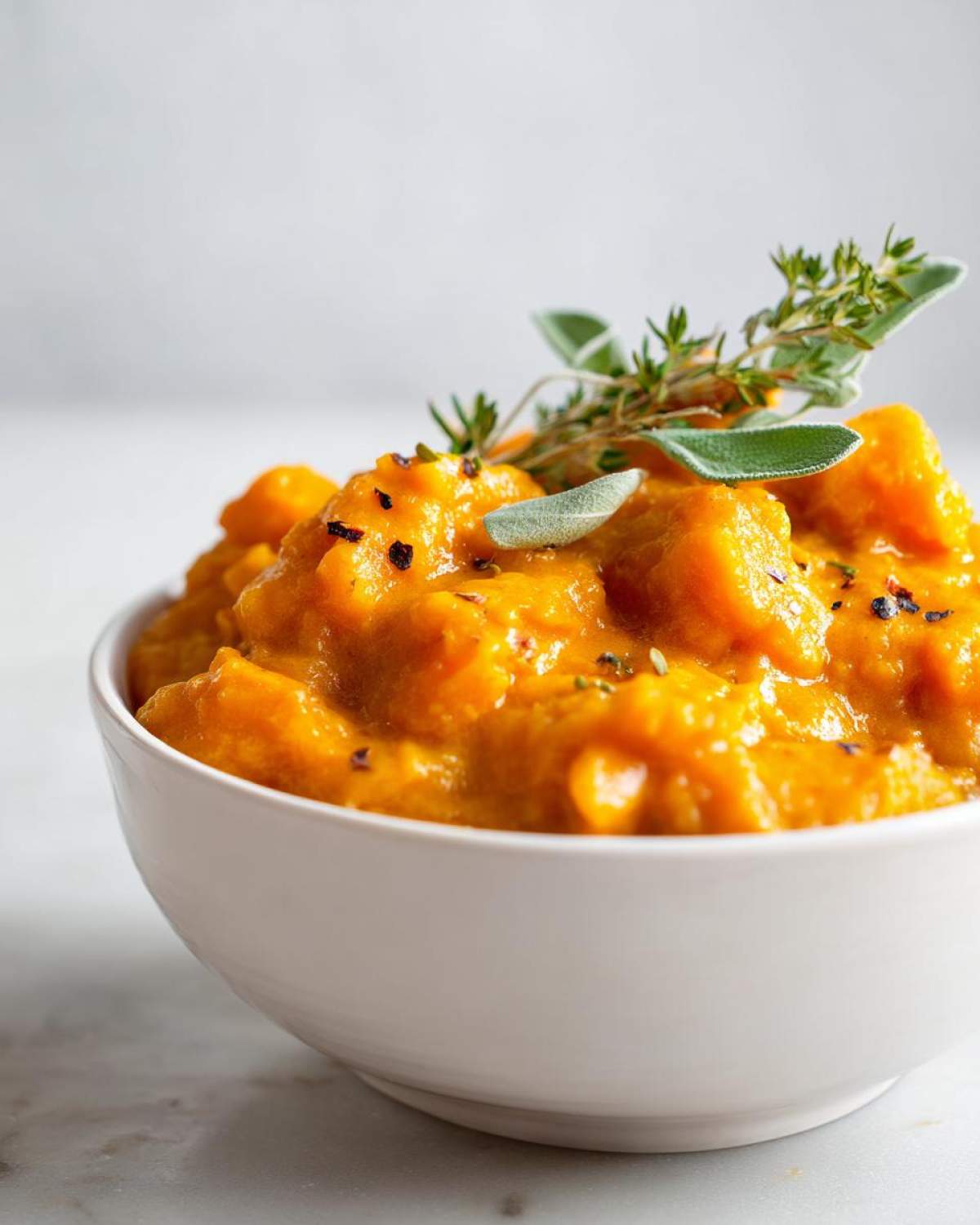 A close-up of a thick, vibrant orange pumpkin curry served in a white bowl, garnished with fresh sage and thyme.