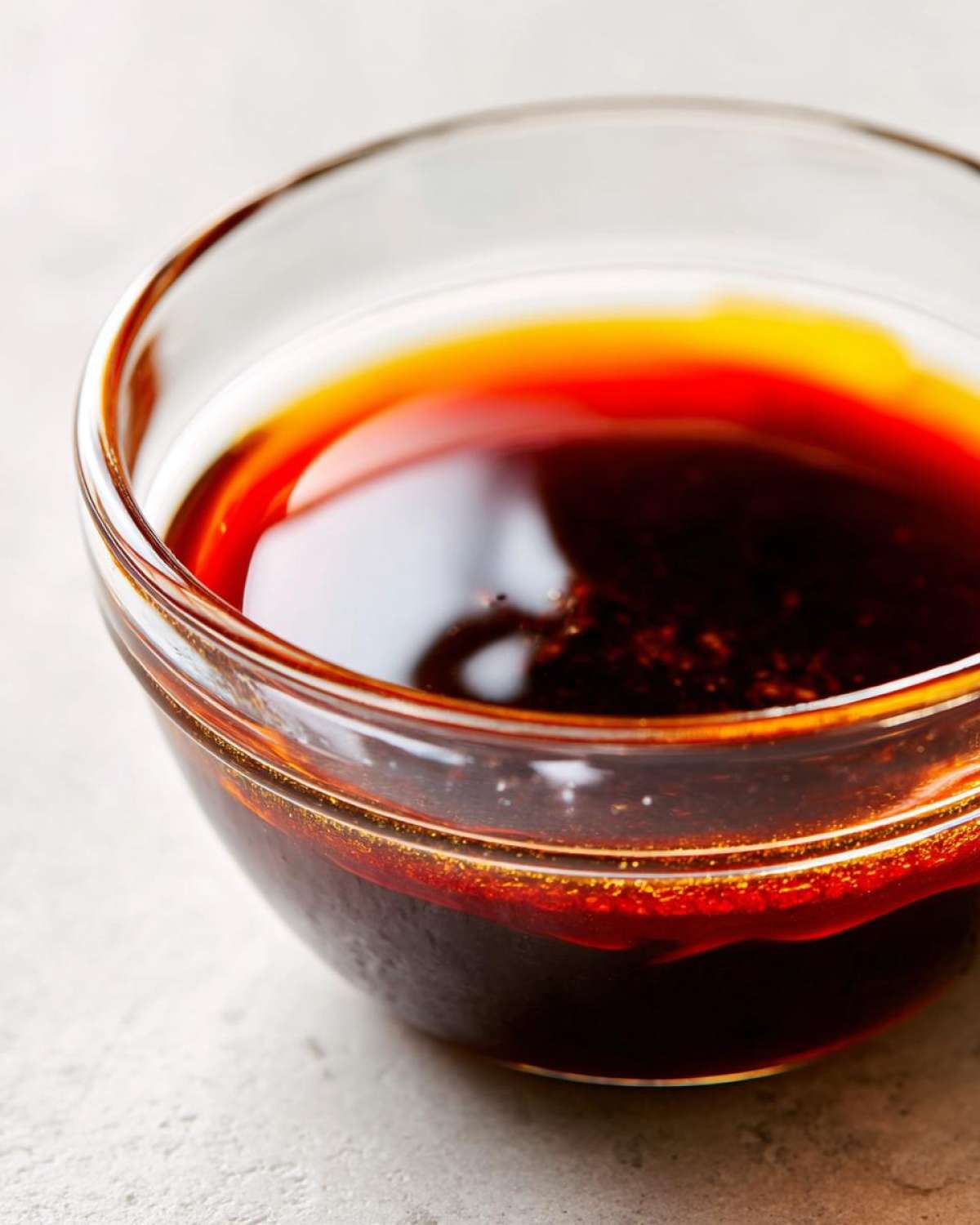 Close-up of a small glass bowl filled with dark, glossy homemade teriyaki sauce, showing rich red and amber highlights.