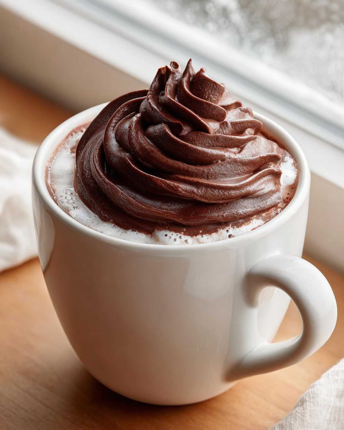 Close-up of a white mug filled with hot chocolate, topped generously with dark, swirled whipped hot chocolate.