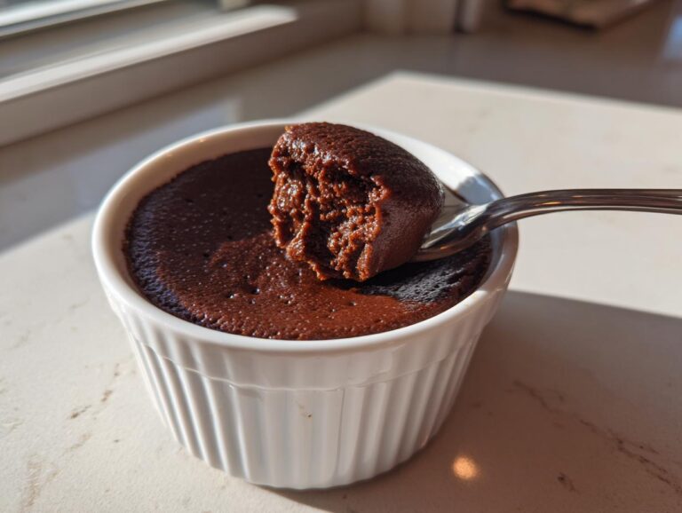 A spoonful of rich, dark chocolate mousse being lifted from a white ramekin.