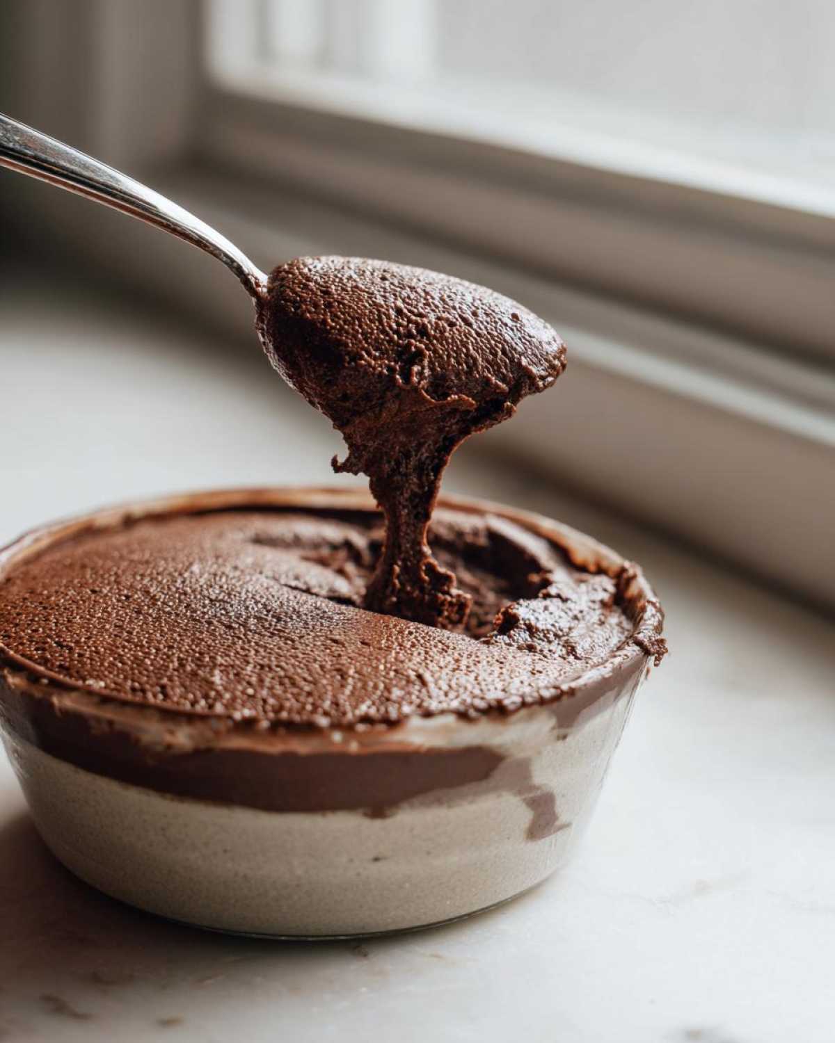 A spoonful of rich, dark chocolate mousse being lifted from a small bowl, showing its airy texture.