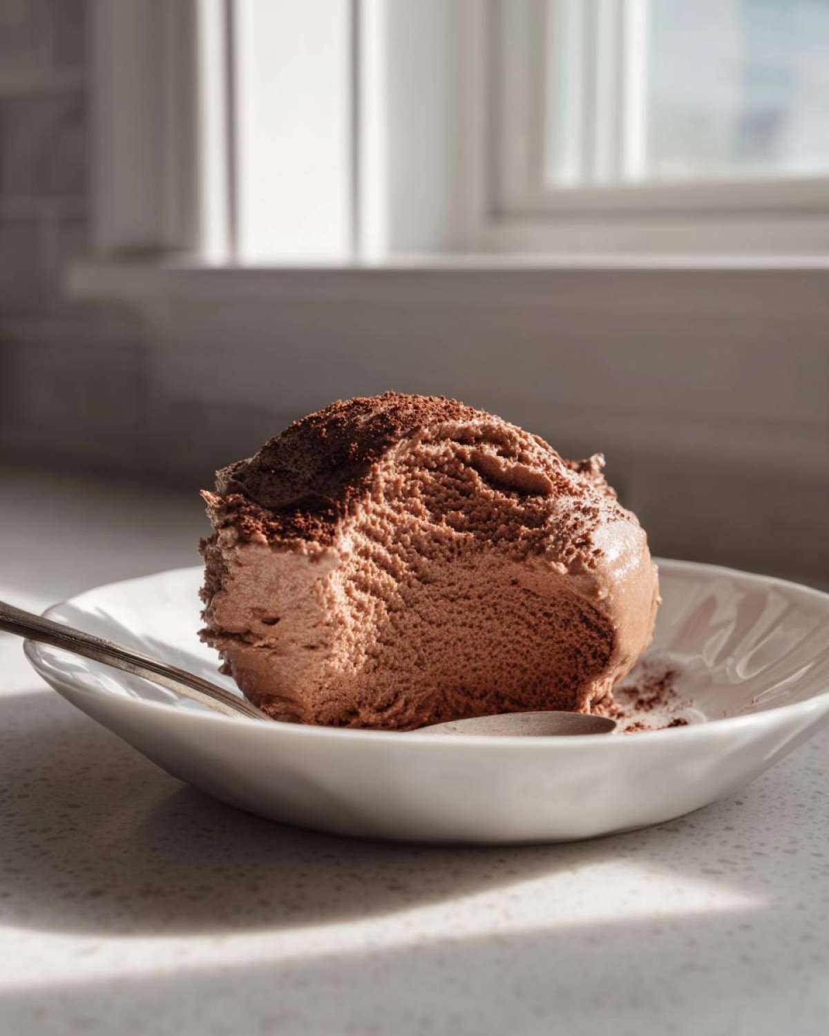 A scoop of airy, rich chocolate mousse dusted with cocoa powder, served in a white bowl with a spoon.