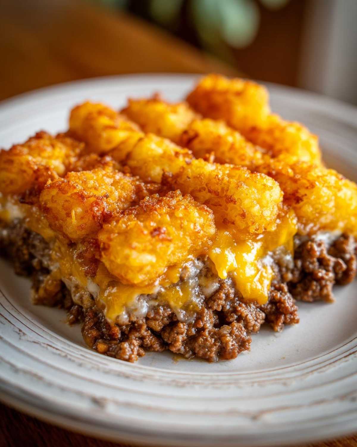 Close-up of a serving of tater tot casserole featuring a layer of seasoned ground beef, melted cheddar cheese, and crispy golden tater tots.