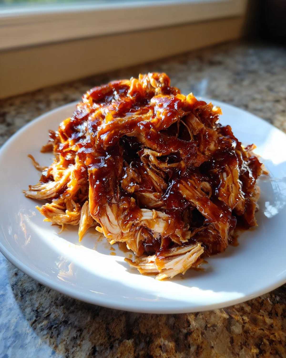 A mound of shredded crockpot teriyaki chicken coated in glossy sauce served on a white plate.