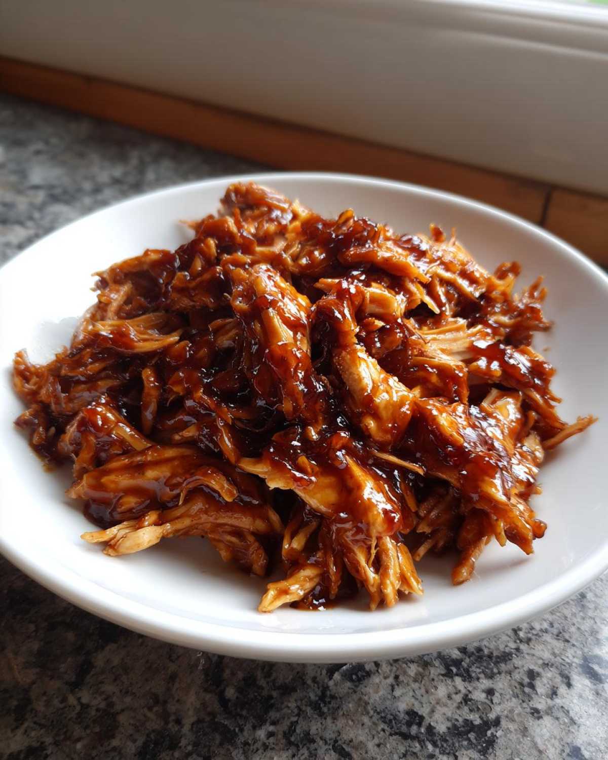 Close-up of shredded crockpot teriyaki chicken coated in a thick, glossy teriyaki sauce, served in a small white bowl.