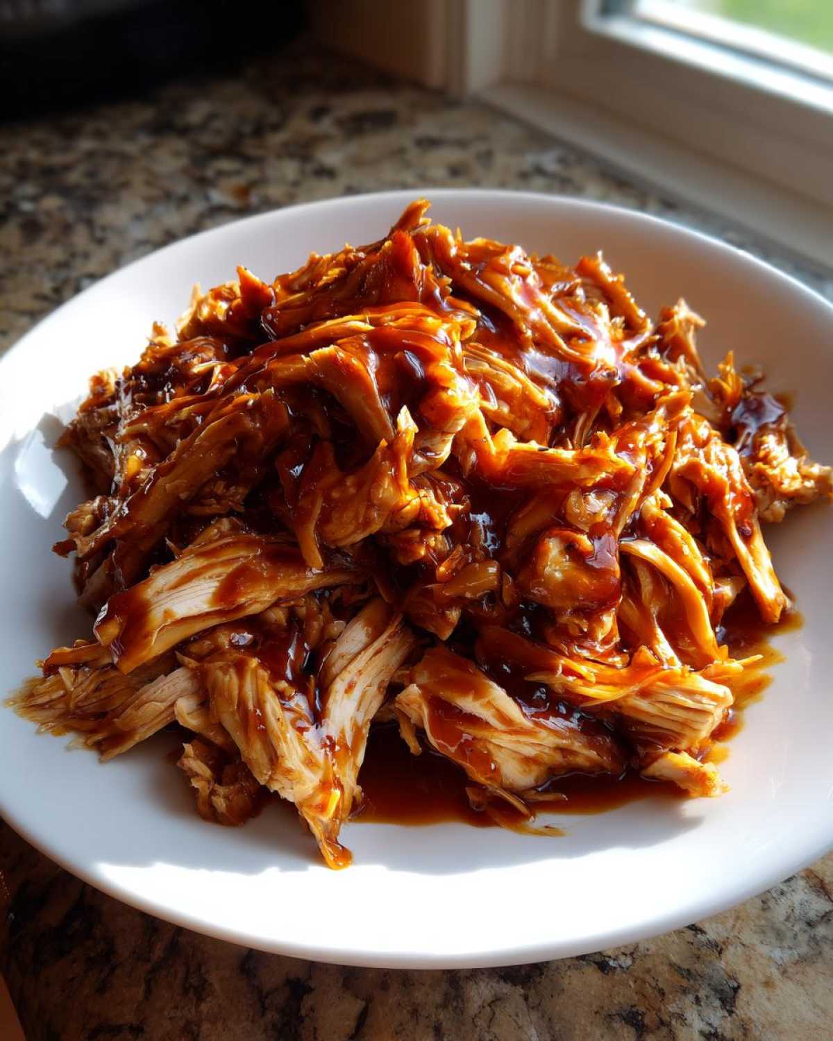 Shredded crockpot teriyaki chicken generously coated in glossy teriyaki sauce, served on a white plate.