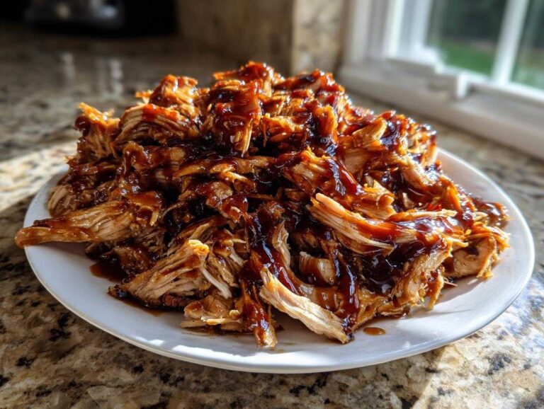 A mound of shredded crockpot teriyaki chicken heavily coated in glossy teriyaki sauce, served on a white plate.