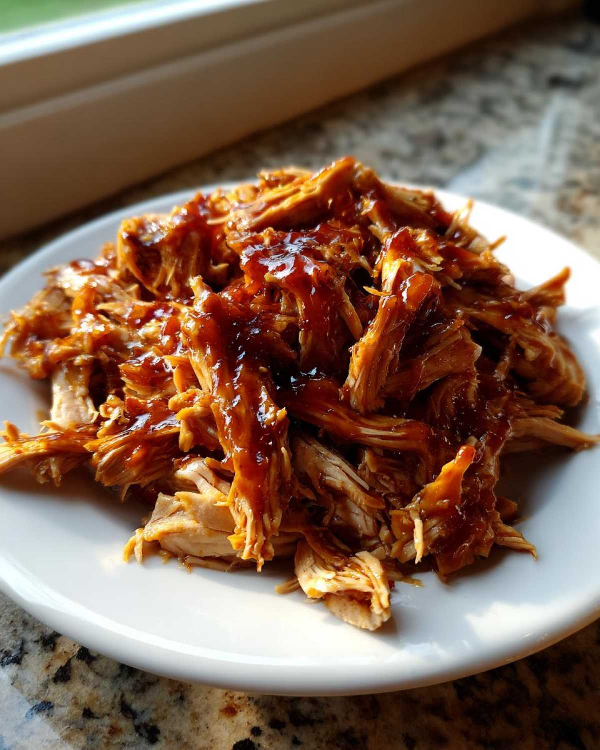 Close-up of shredded crockpot teriyaki chicken generously coated in a glossy, dark teriyaki sauce on a white plate.