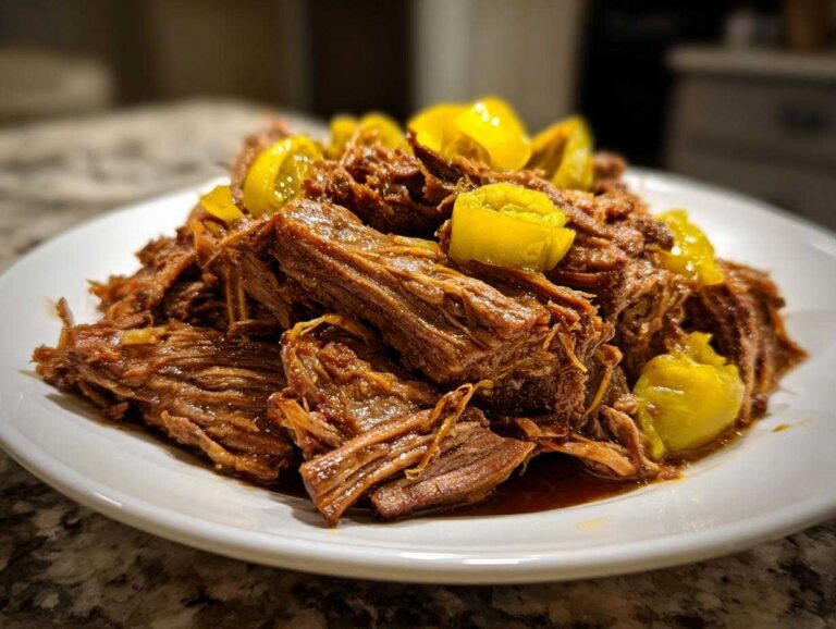 A close-up of tender, shredded Mississippi pot roast topped with bright yellow pepperoncini slices on a white plate.