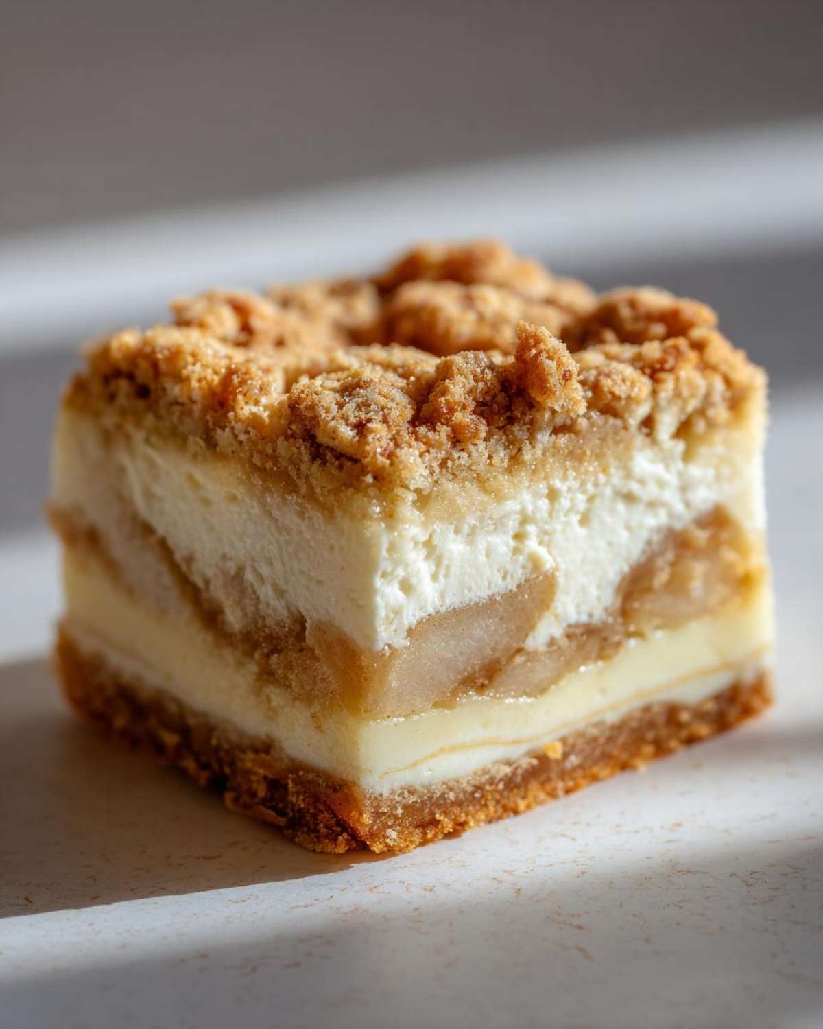 A decadent, layered square of apple cheesecake bars featuring a graham cracker crust, creamy filling, spiced apples, and a brown sugar crumble topping.