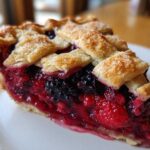 A close-up slice of rich, juicy berry pie showing a thick filling and golden lattice crust.