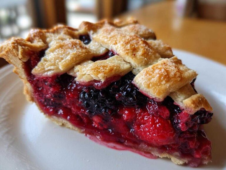 A close-up slice of rich, juicy berry pie showing a thick filling and golden lattice crust.