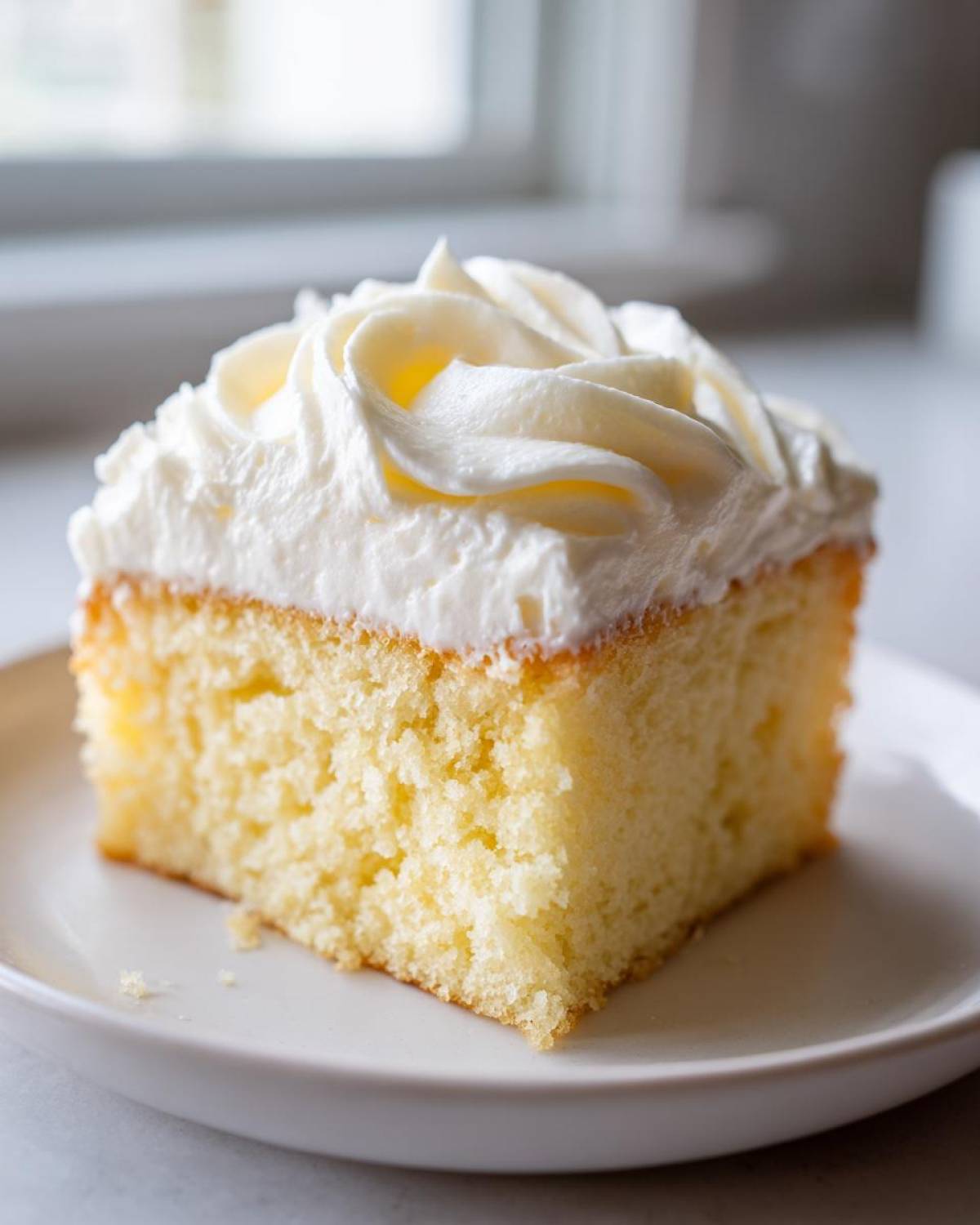 Close-up of a square slice of yellow cake topped with perfectly piped vanilla buttercream frosting.