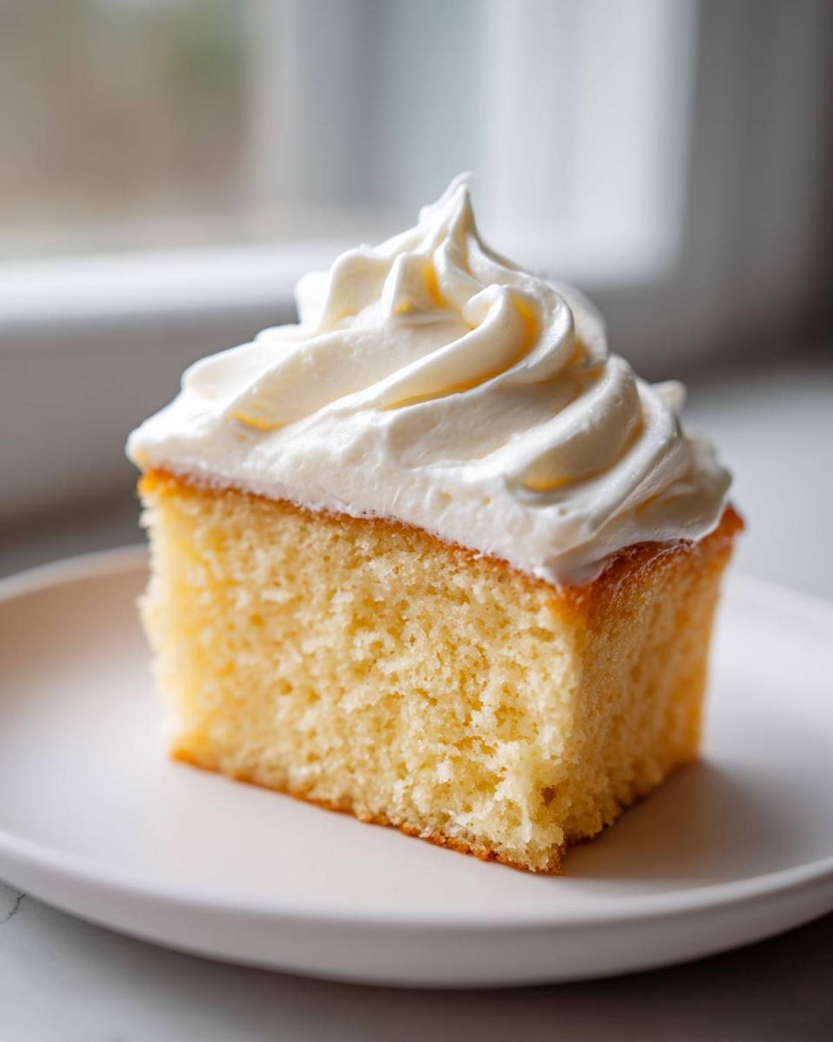 Close-up of a square slice of yellow cake topped with perfectly piped vanilla buttercream frosting.