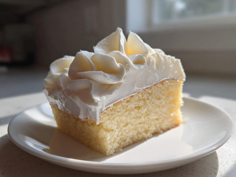 A slice of yellow cake topped generously with piped vanilla buttercream frosting, sitting on a white plate.