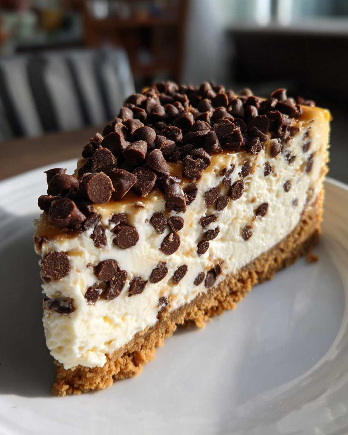 A thick slice of creamy chocolate chip cheesecake with a graham cracker crust, covered in mini chocolate chips.