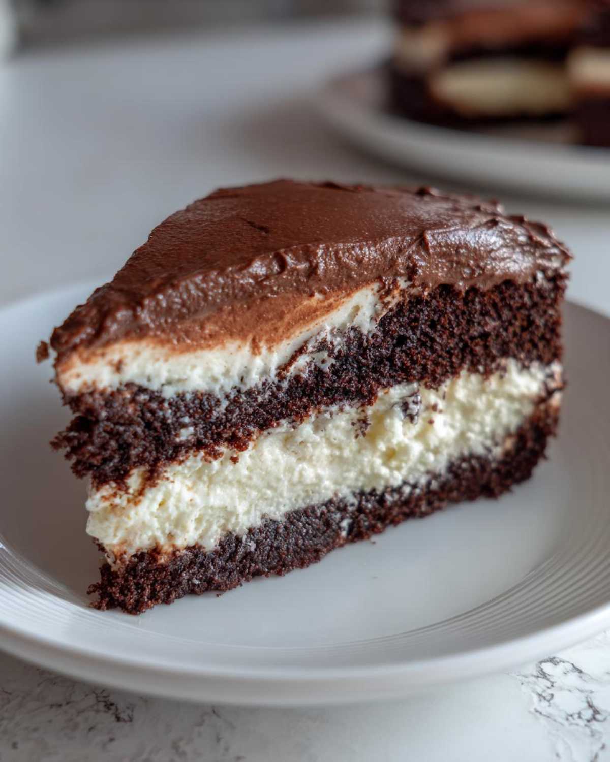 A decadent slice of three-layer Italian love cake featuring dark chocolate cake and creamy white filling.