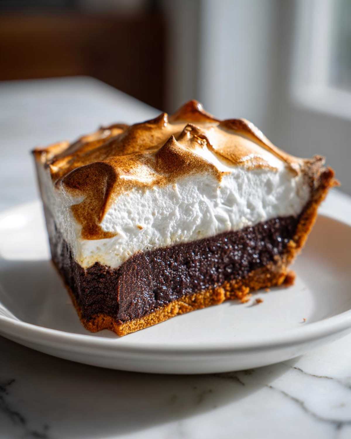 A perfect slice of chocolate meringue pie showing the graham cracker crust, rich chocolate filling, and toasted meringue topping.
