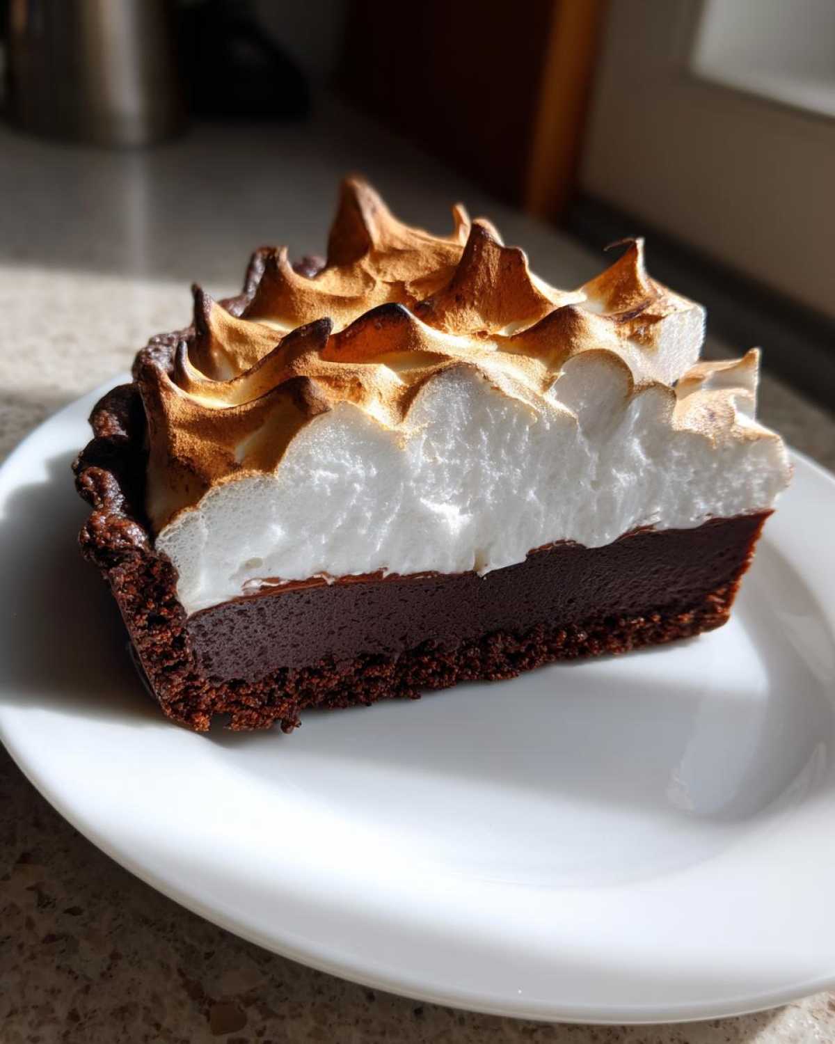 A perfect slice of chocolate meringue pie showing a dark chocolate filling and tall, toasted meringue peaks.