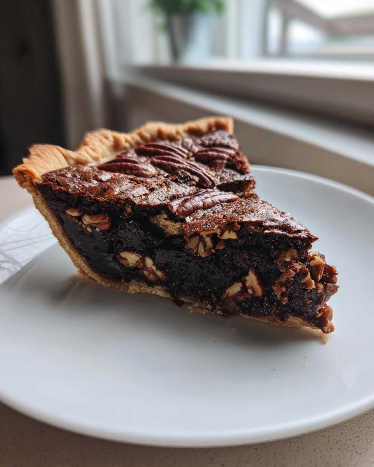 A close-up of a thick slice of chocolate pecan pie showing the dark filling and whole pecans on top.