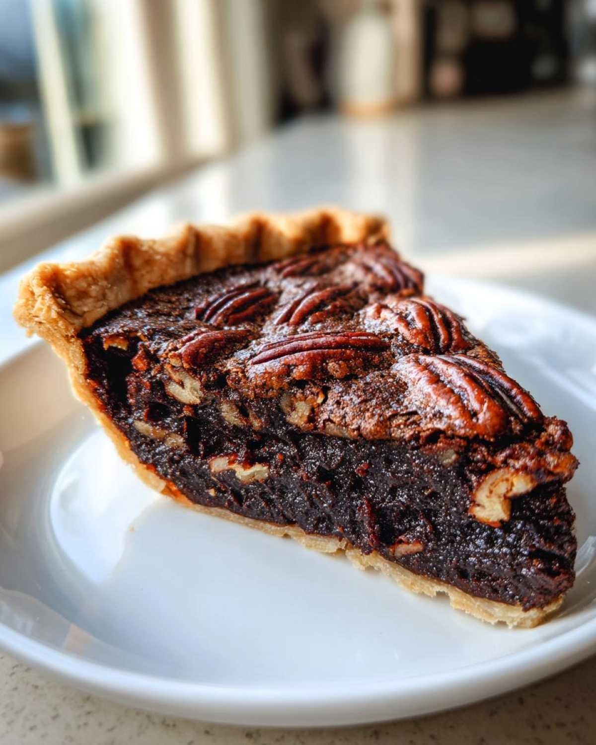 A close-up shot of a decadent slice of chocolate pecan pie sitting on a white plate, featuring a rich filling and whole pecans on top.