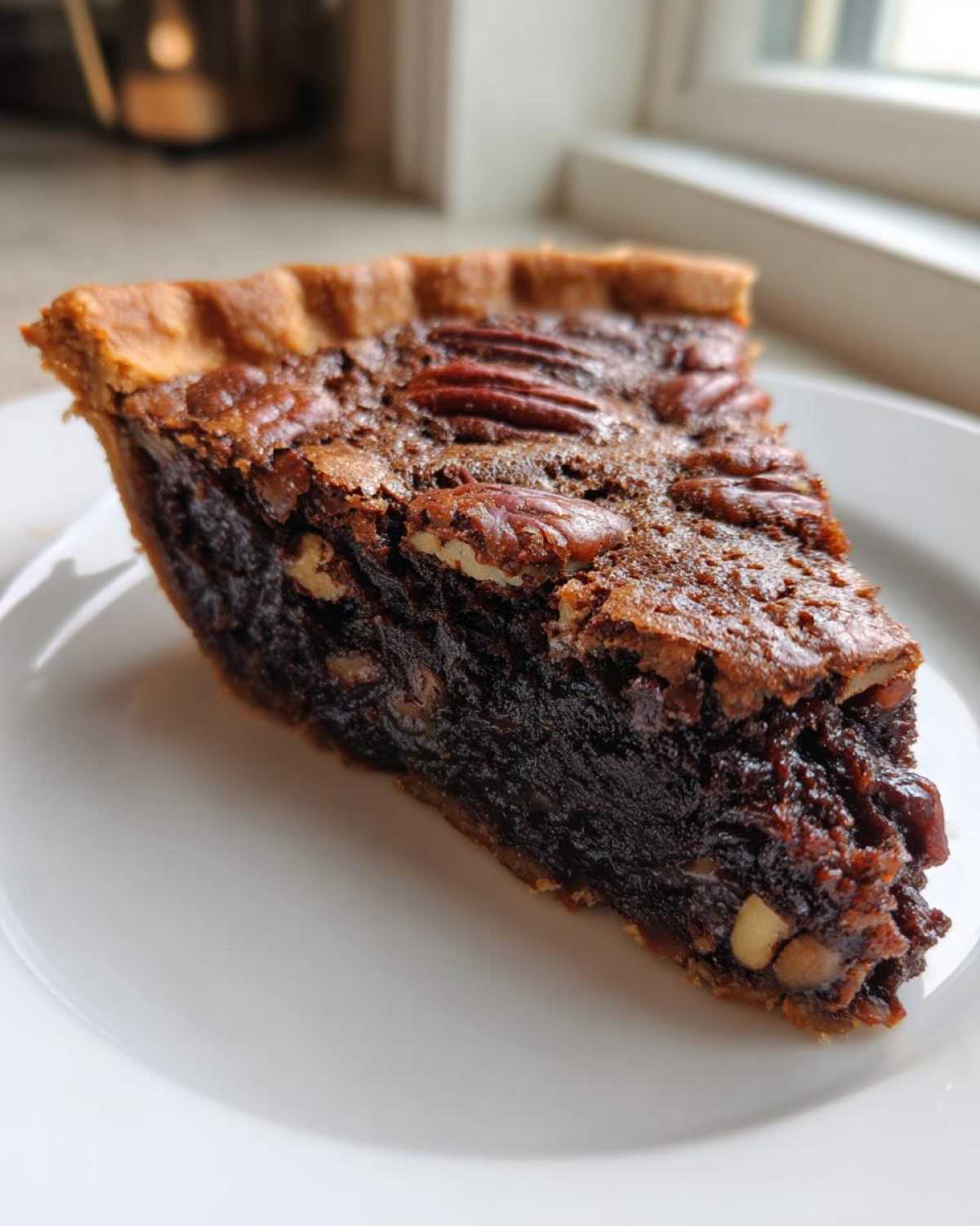 A close-up of a decadent slice of chocolate pecan pie showing the dark, gooey filling and whole pecans on top.