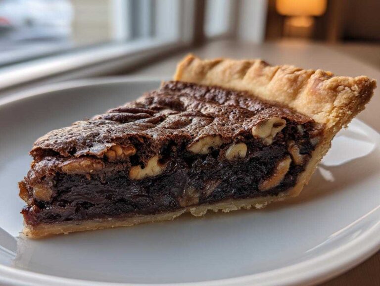 A close-up of a rich, dark slice of chocolate pecan pie with a flaky crust on a white plate.