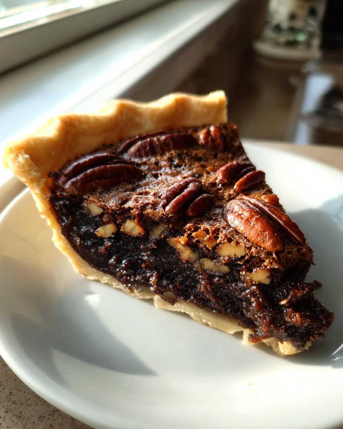 A close-up slice of rich chocolate pecan pie sitting on a white plate, highlighted by sunlight.