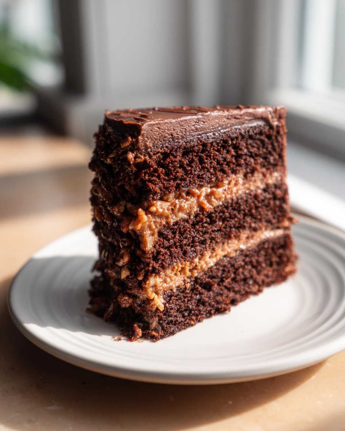 A tall slice of moist german chocolate cake recipe with three layers and coconut pecan filling.
