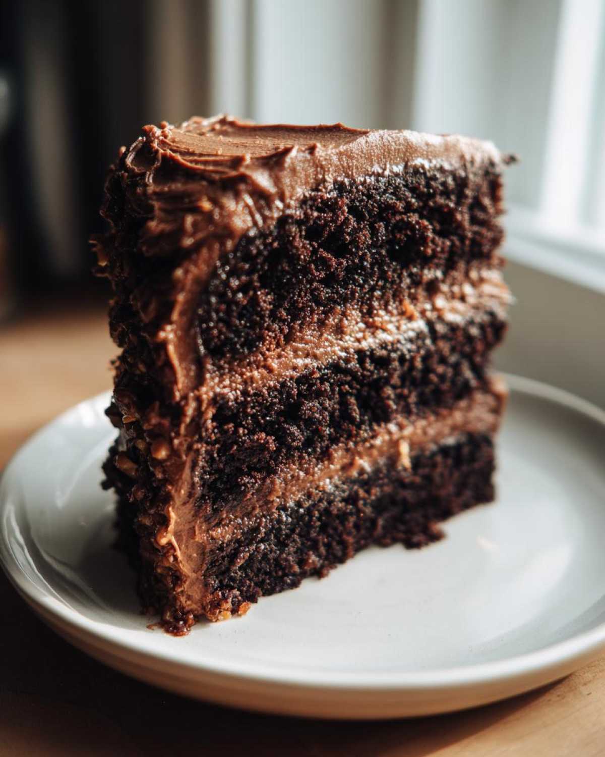 Close-up of a tall, moist slice of dark chocolate cake with rich frosting, part of the best german chocolate cake recipe.