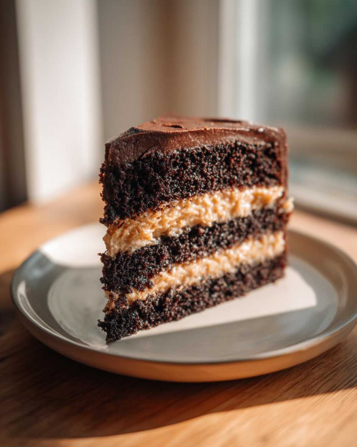 A decadent slice of german chocolate cake recipe with dark chocolate layers and coconut-pecan filling.