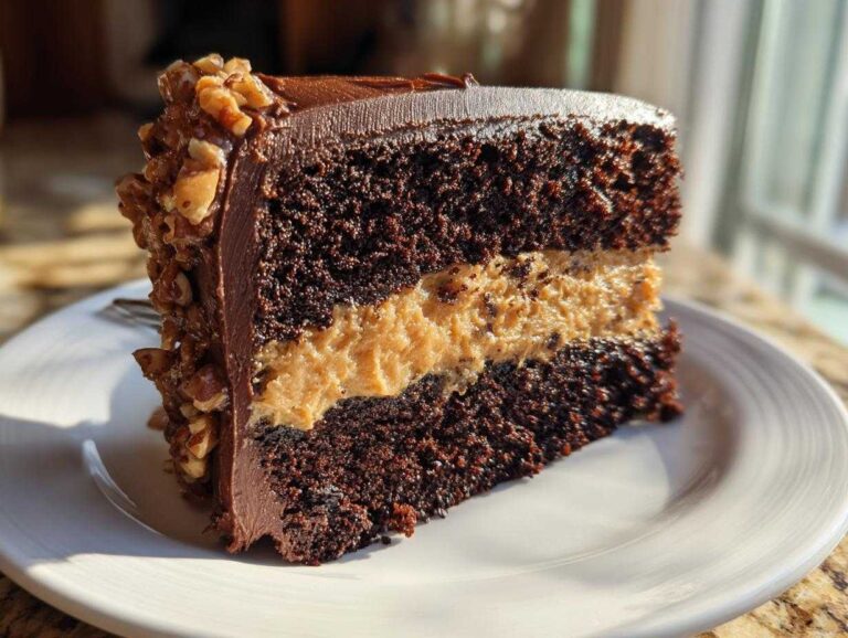 A decadent slice of german chocolate cake recipe showing dark chocolate layers and coconut-pecan filling.