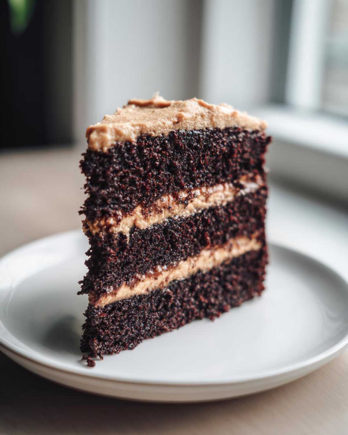 A tall slice of dark chocolate cake with thick layers of caramel-colored frosting, part of the best german chocolate cake recipe.