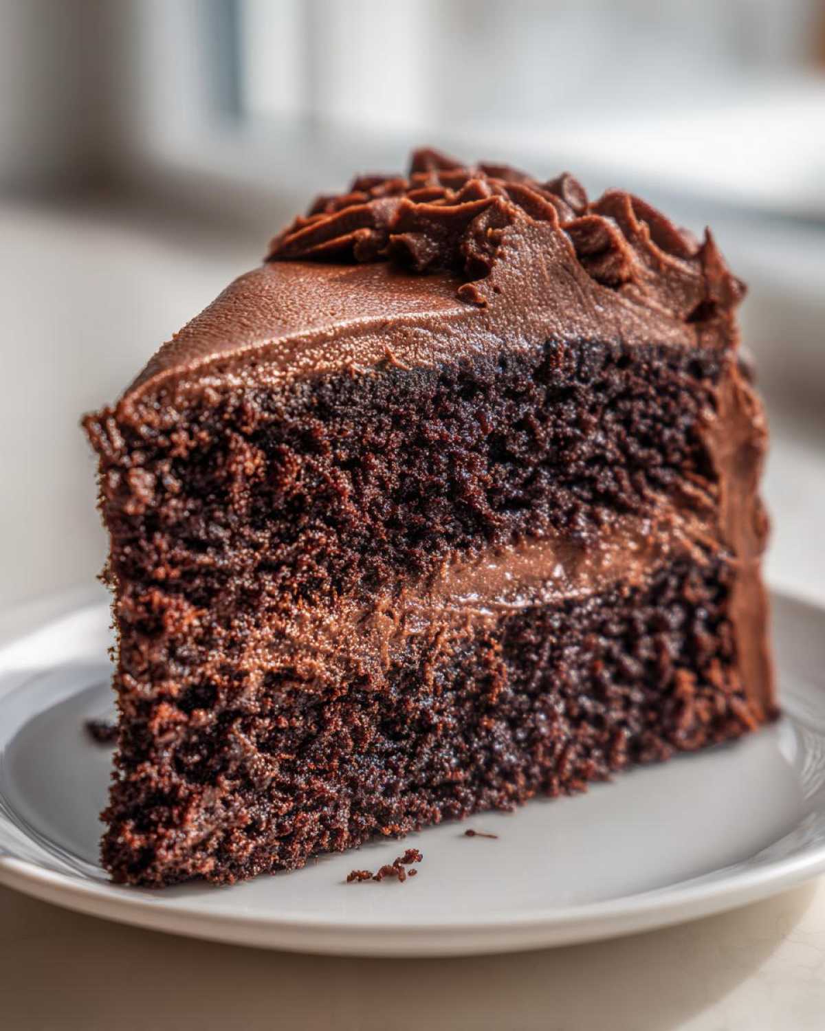 A decadent slice of homemade chocolate cake with thick, dark chocolate frosting, served on a white plate.