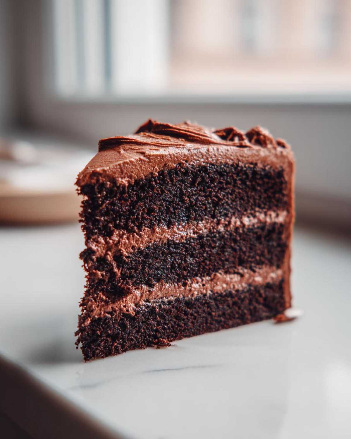 Close-up of a tall slice of homemade chocolate cake with three layers and thick chocolate frosting.