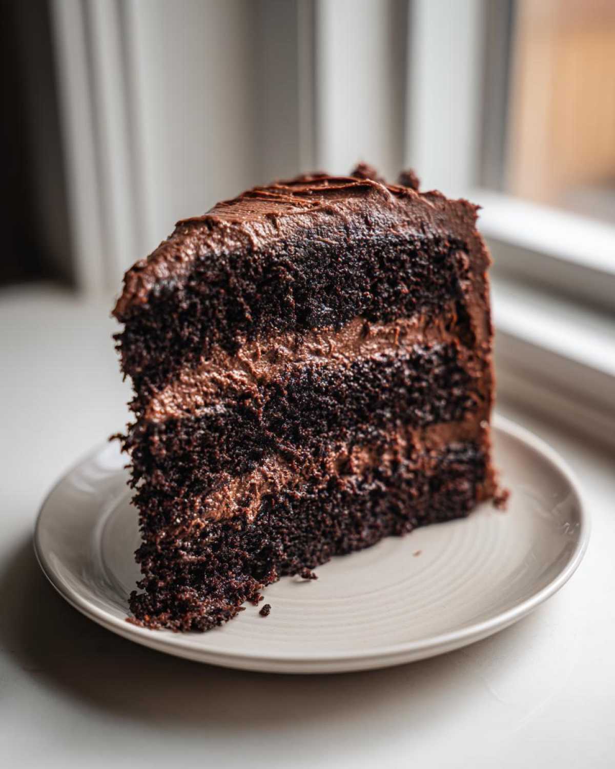 A tall slice of homemade chocolate cake with rich, dark layers and thick chocolate frosting on a small plate.