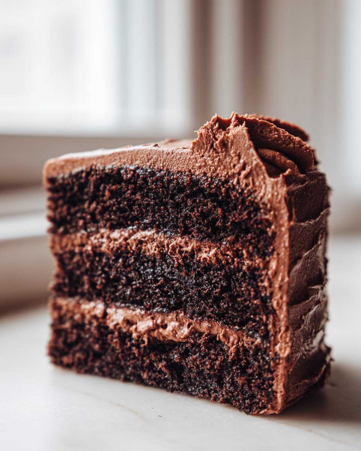 Close-up of a moist slice of homemade chocolate cake with three layers and thick chocolate buttercream frosting.
