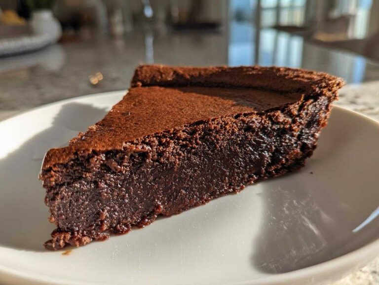 A close-up slice of dense, dark chocolate hot fudge pie resting on a white plate.