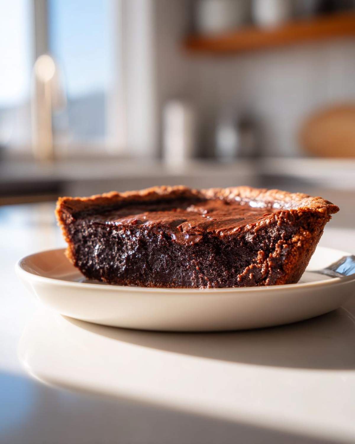 A close-up of a rich, dark slice of hot fudge pie resting on a small white plate, backlit by sunlight.
