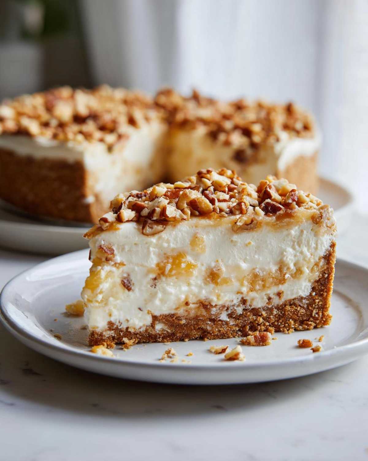 A close-up slice of rich, creamy Million Dollar Pie with a graham cracker crust and chopped pecans on top.