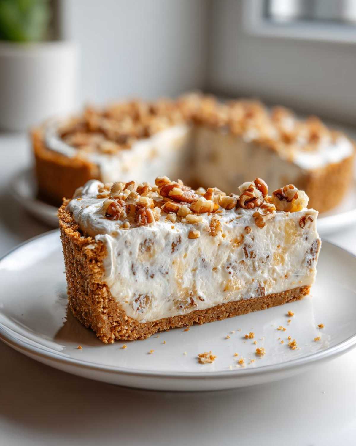 A close-up slice of creamy, no-bake Million Dollar Pie with a graham cracker crust topped with whipped cream and chopped pecans.