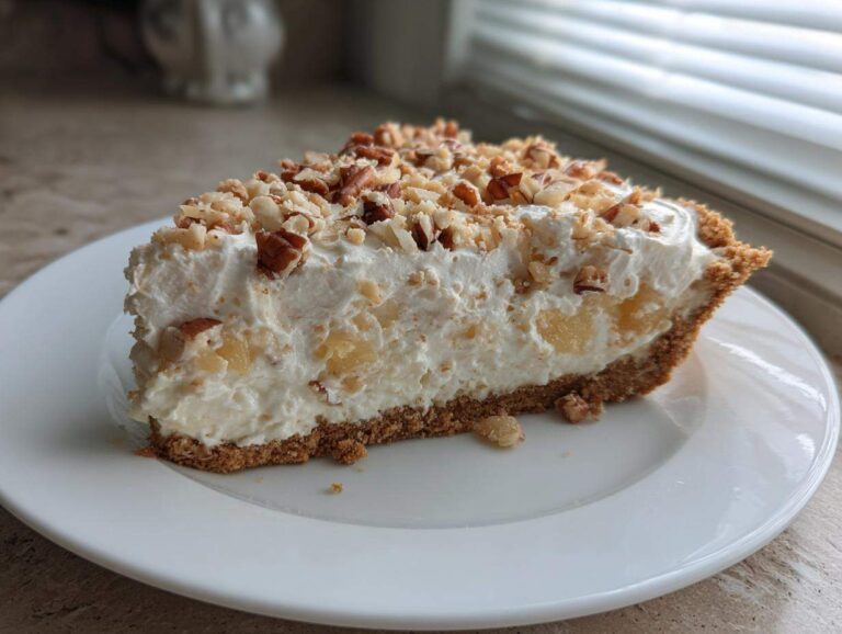 A thick slice of million dollar pie featuring a graham cracker crust, creamy filling with pineapple chunks, and a pecan topping.