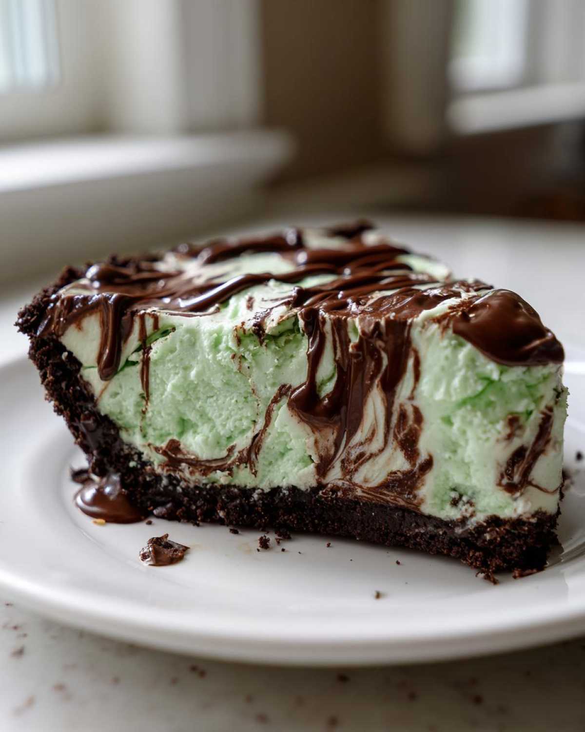 A close-up of a slice of no bake grasshopper pie featuring mint filling and chocolate syrup on a white plate.