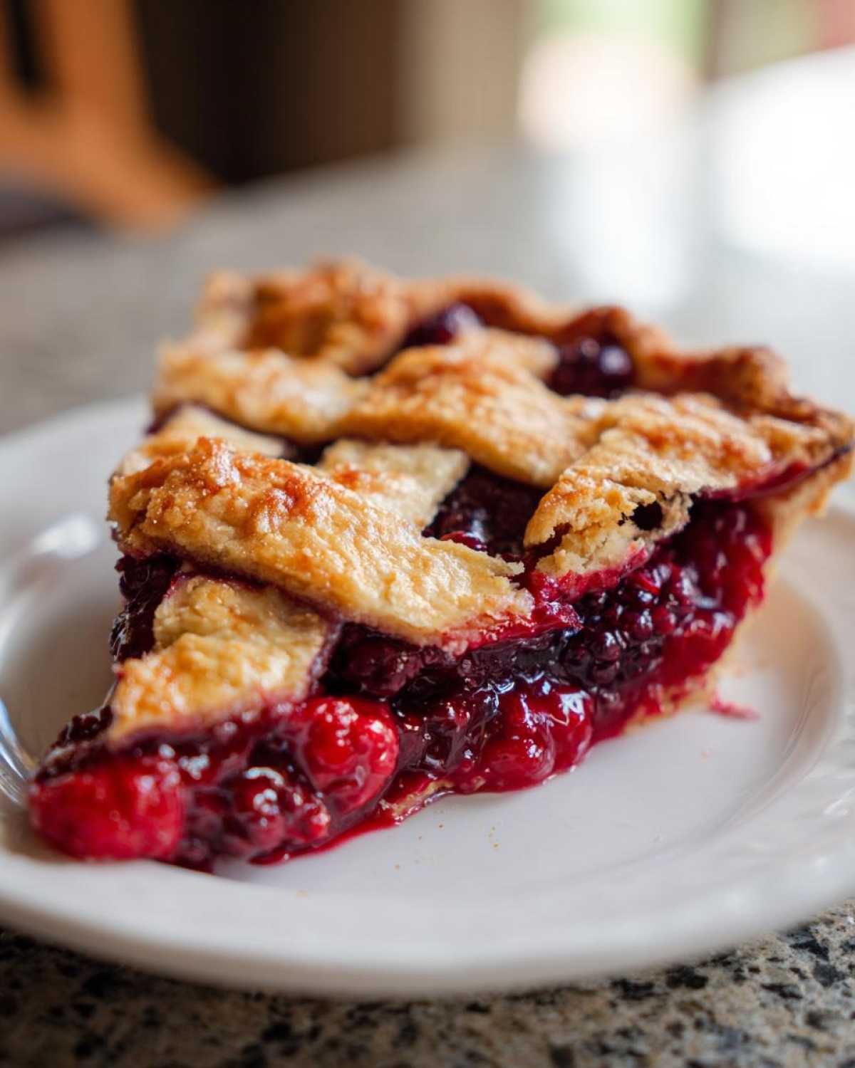 A close-up of a luscious slice of berry pie showing a thick, juicy filling and golden lattice crust.