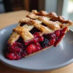 A thick slice of homemade berry pie featuring a juicy, red filling and a golden lattice crust sprinkled with sugar.