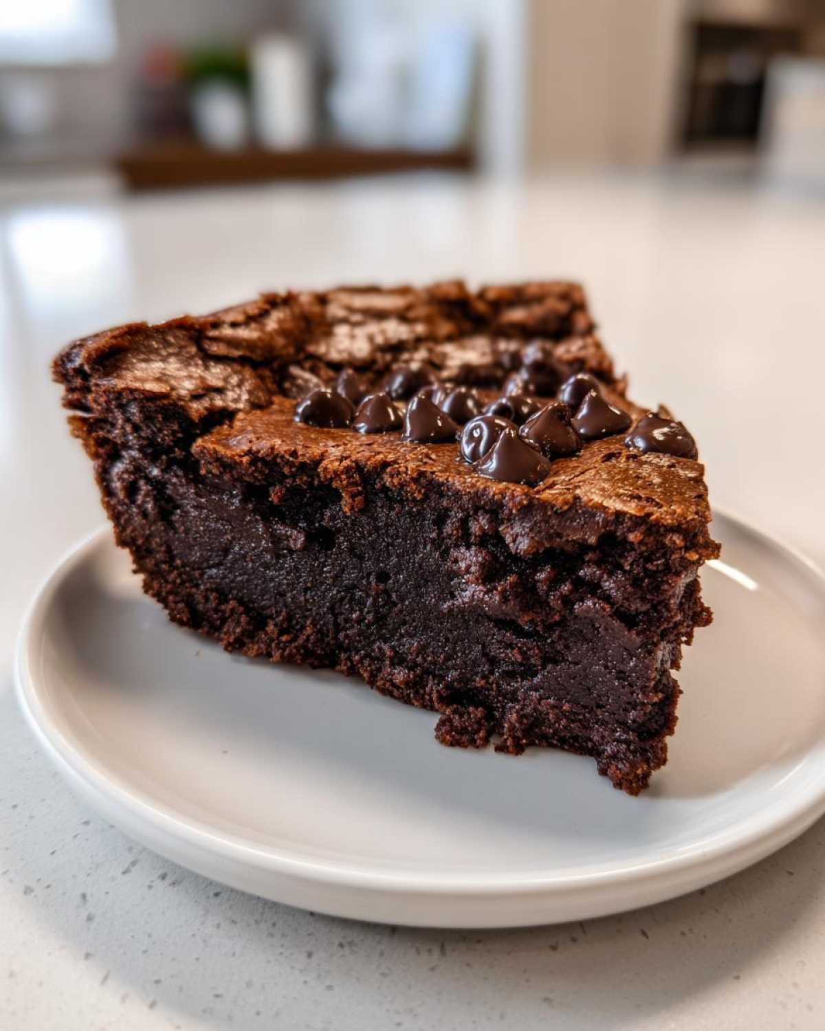 A dense, dark slice of fudge pie topped with melted chocolate chips served on a white plate.