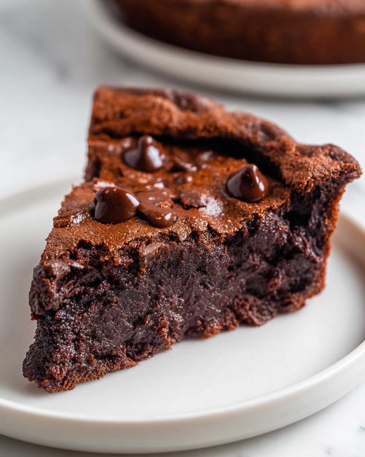 Close-up of a decadent slice of fudge pie with a dense, moist interior and melted chocolate chips on top.