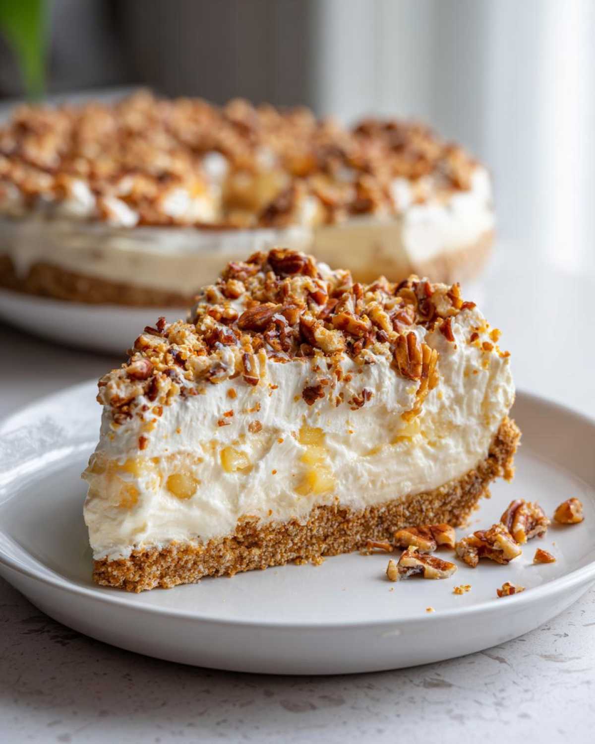 A generous slice of creamy Million Dollar Pie with a graham cracker crust, topped with whipped cream and crunchy pecans.